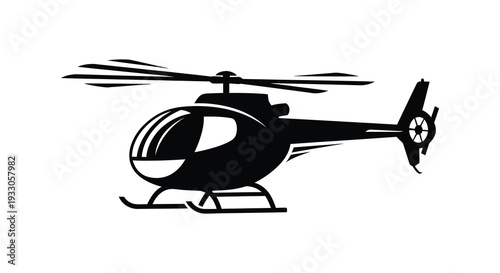 Black and white silhouette of a helicopter in side view showcasing its rotor and tail