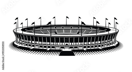 Black and white illustration of a large circular stadium with surrounding flags
