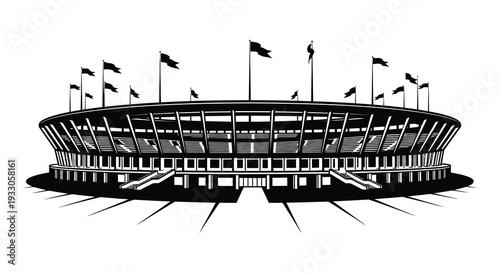 Black and white illustration of a large stadium with surrounding flags