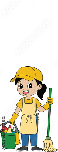 Cartoon Vector Illustration of a Cleaning Worker Holding a Broom and Bucket, Wearing Gloves and Cap for Hygiene Concept