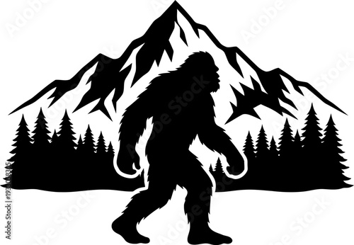 Bigfoot silhouette walking in front of mountains and pine forest