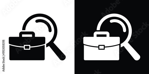 Flat professional briefcase icon with a magnifying glass. Minimalist vector symbol for job search, recruitment, and career discovery. Black and white versions included.
