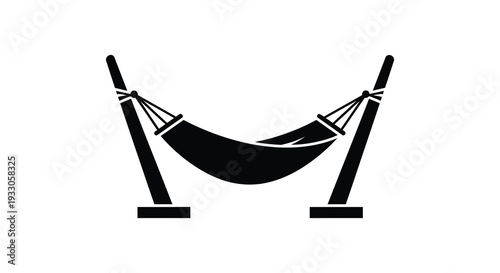 Simple black silhouette of a hammock suspended between two wooden posts