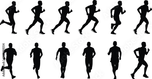 Running man silhouettes vector set, male runner side front view jogging sprinting fitness motion