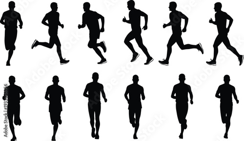Running man silhouettes vector set, male runner side front view jogging sprinting fitness