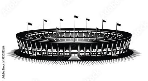 Detailed black and white illustration of a large empty stadium with multiple tiers