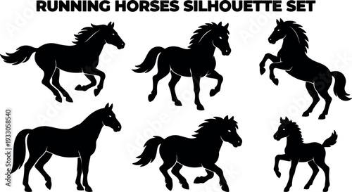 Flat vector silhouette set of six running horses various poses side view black equine shapes dynamic motion mane tail gallop
