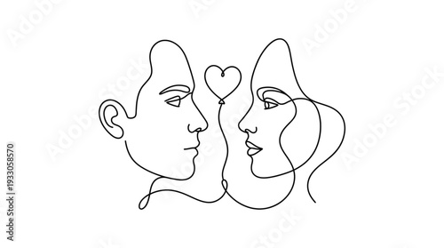 Couple Face Profiles with Heart Balloon One-Line Icon, Single Continuous Line Minimal Love