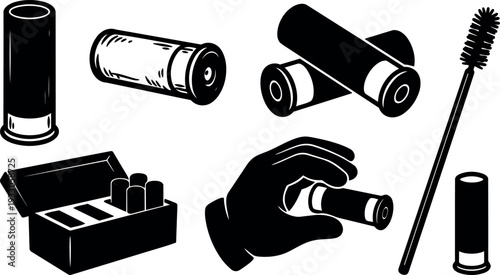 Silhouette vector close up shotgun shells and cartridge box hand holding shell cleaning brush ammo reloading tools black on white