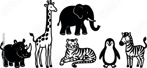 Flat vector line art grouping of smiling safari animals rhino giraffe elephant tiger penguin zebra in playful arrangement black white