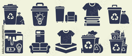 Trash Bins, Furniture, Clothing & Recycling Icons Vector Illustration - Flat Design Set