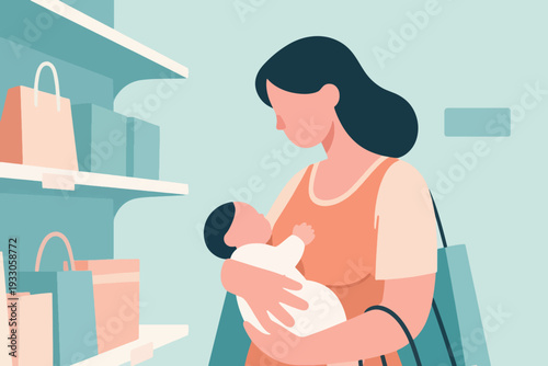 A Mother Shopping While Carrying Her Baby Illustration Creative Design Template 
