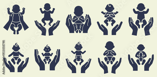 Baby Care Icons Set: Hands Holding Newborns, Diverse Poses, Flat Design Vector Illustration