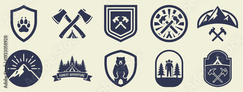 Outdoor Adventure Badges Vector Set: Mountains, Axes, Bears, Paw Prints & Hiking Icons in Flat Design