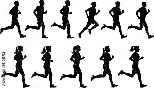 Running men and women silhouettes vector set, side view jogging fitness motion isolated