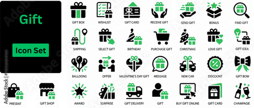 Silhouette vector of Gift icon set. Present gift box tied, open, and sparkle for christmas, birthday, valentine, wedding event, party, celebration, and achievement success.