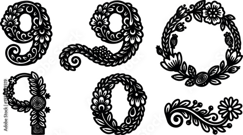 Folk art floral decorative nine and wreath vector set with ornate swirls close up black silhouette elements isolated linework collection
