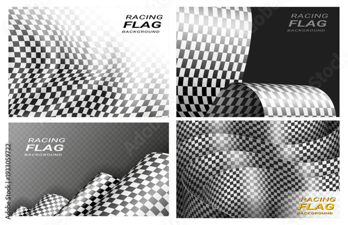 Racing flag backgrounds set. Vector collection of sport backdrops with check pattern. Motorsport concept for event banner or championship poster, start line promotion or race presentation template