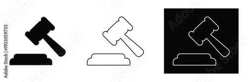 Judge gavel icons in black, white and outlined on black background