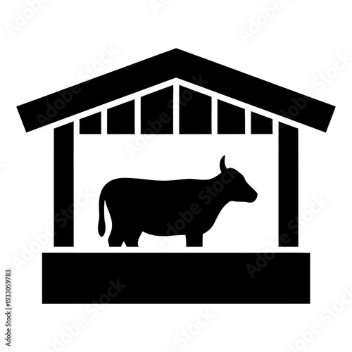 Cow silhouette standing inside a barn for agricultural and farming concepts, minimalist black icon