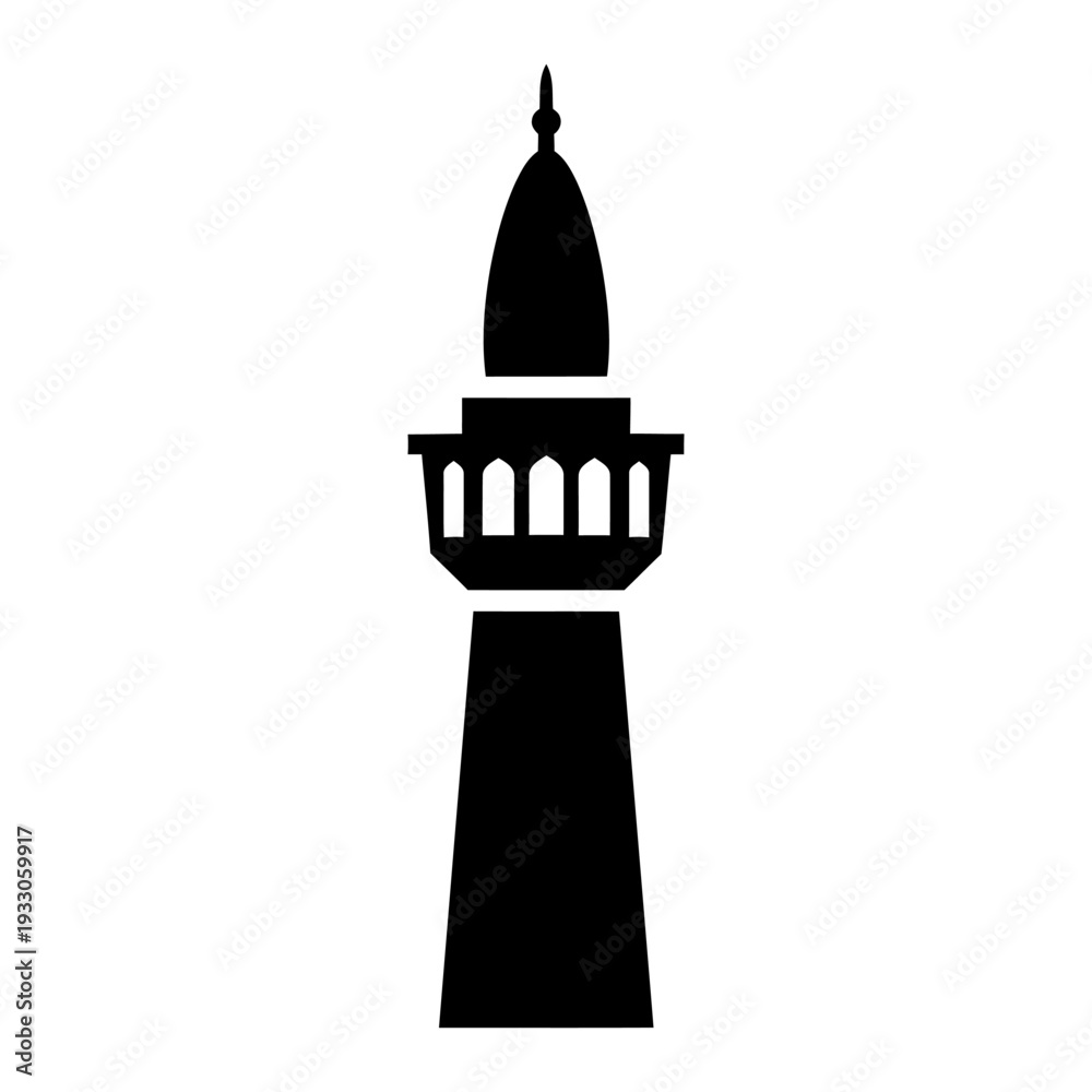 Obraz premium Minaret silhouette icon representing Islamic architecture and mosque tower in minimalist black vector style