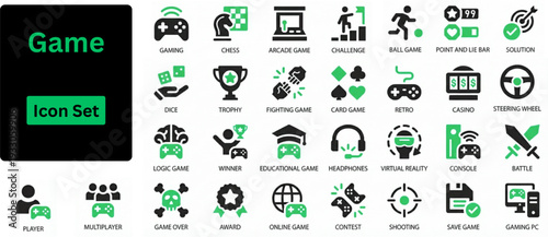 Silhouette vector of Game icon set. Gaming icon elements containing points and life bars, console, player, chess, multiplayer, casino and mobile game icons. Solid icons set. 