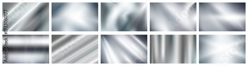 Metal realistic backgrounds set. Vector metallic backdrop surfaces with polished texture and light reflection. Industrial panels for banners, packaging or web layouts. Technology and manufacturing