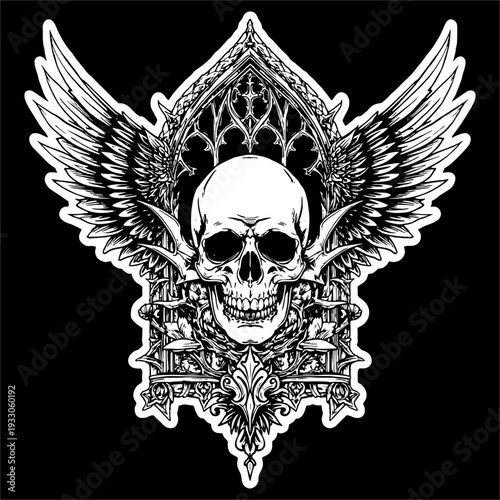 A skull head with gothic style for tattoo in black white Vector