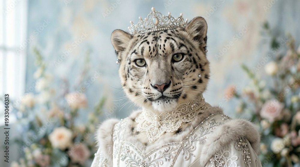 Obraz premium Elegant Snow Leopard in White Gown and Tiara