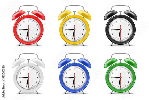 Vintage alarm clocks set. Vector twin bell mechanisms design with metal body. Round analog face with number marking and sharp hand indicator. Mechanical timepieces. Morning routine and punctuality