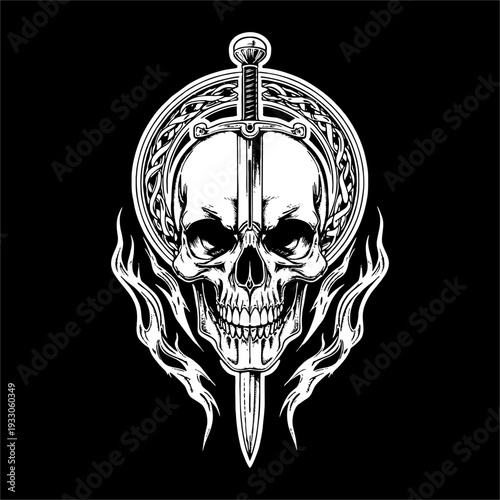 A skull head with gothic style for tattoo in black white Vector