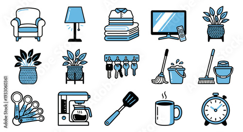 Collection of modern icons representing lifestyle and household items in a minimalist style