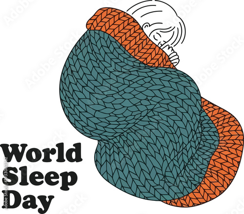 World Sleep Day illustration with cozy blanket and sleeping person for health awareness campaigns