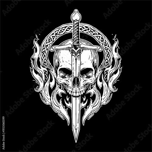 A skull head with gothic style for tattoo in black white Vector