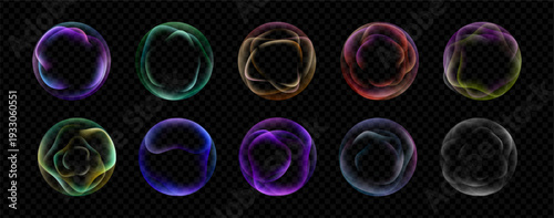 Three dimensional liquid spheres set. Vector isolated collection of round shaped structures with radiant neon glow and gradient transition. Branding feature, poster accent and innovative project