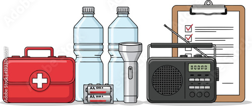 Emergency Preparedness Kit with First Aid, Water, Flashlight, Radio, Batteries, and Checklist Illustration