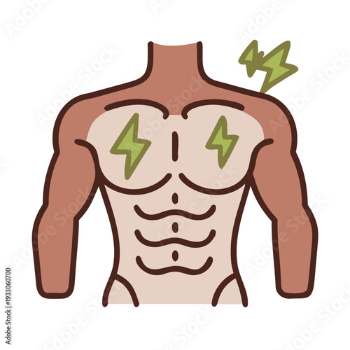 Illustration of chest area with glowing green electrical symbols indicating energy or vitality. isolated on white background, Vector