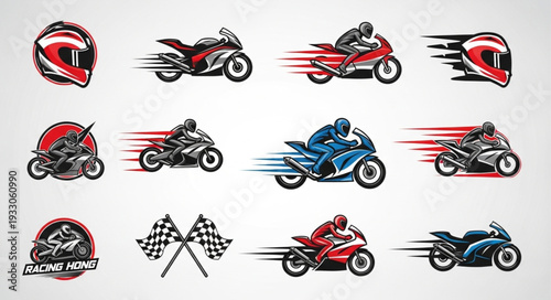 Collection of dynamic motorcycle racing illustrations and helmet designs.