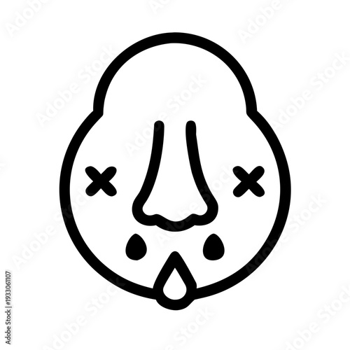 Black and white illustration of a face with crossed-out eyes and a drooping nose tear. isolated on white background, Vector