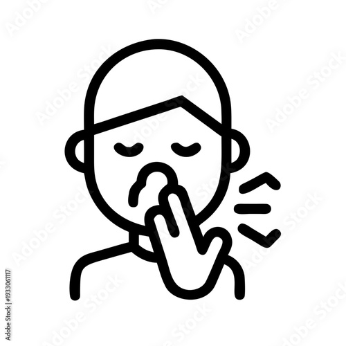 Person sneezing while covering their nose with their hand in a simple line drawing isolated on white background, Vector