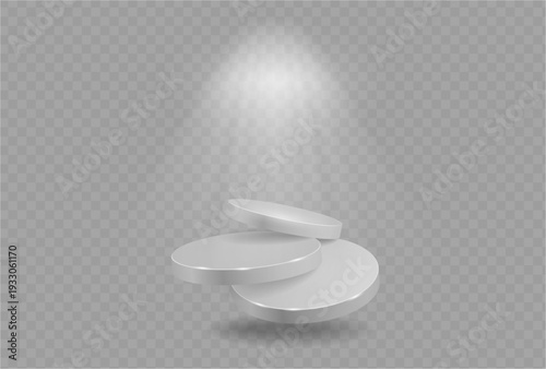 Stacked monochrome podiums with diffused top light. Vector 3D platform scene with gradient and shadow. Abstract stage design for product showcase, branding presentation and modern advertising layout
