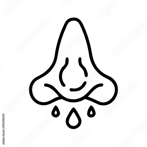 A stylized icon of a nose with dripping water droplets underneath isolated on white background, Vector
