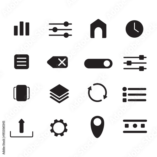 Set of 16 minimalist black mobile app icons. Vector symbols for settings, navigation, home, clock, upload, and interface design elements.