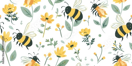 Happy bees flying among yellow spring flowers pattern