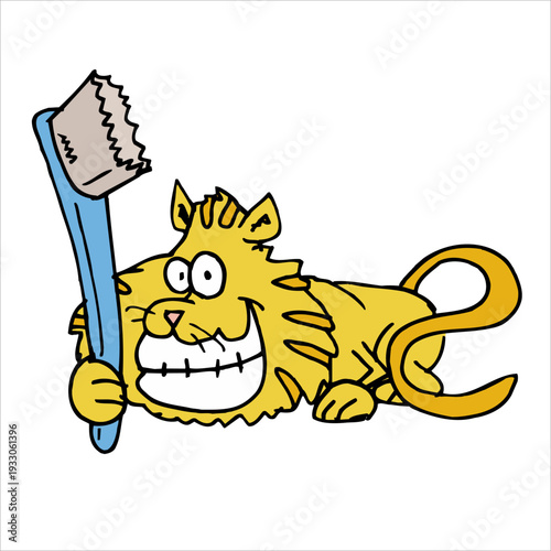 Cartoon lion with toothbrush in mouth lying on the floor