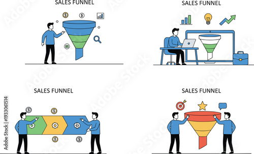 Sales Funnel Concept Vector Illustrations Set for Digital Marketing Strategy Conversion Rate Optimization Customer Journey and Business Lead Generation Process (20 words)