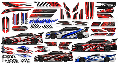 Collection of car decals and racing stripes with various designs and colors for customization.