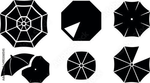 Flat design top view umbrella icon set six black silhouettes arranged on white background minimal summer beach shade vector collection