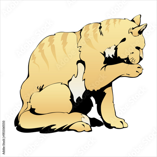 A cartoon tiger crouching in a defensive position, with sharp claws and teeth bared, set against a clean background from a side viewpoint illustration