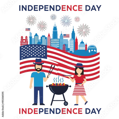 Independence Day Celebration: Couple Grilling BBQ with American Flag and City Skyline
